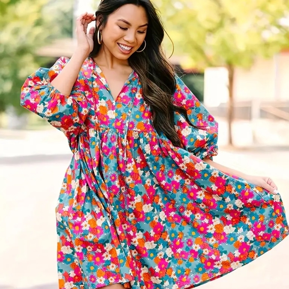 Pink and Red V-Neck Mini Sundress with Bishop Sleeves
